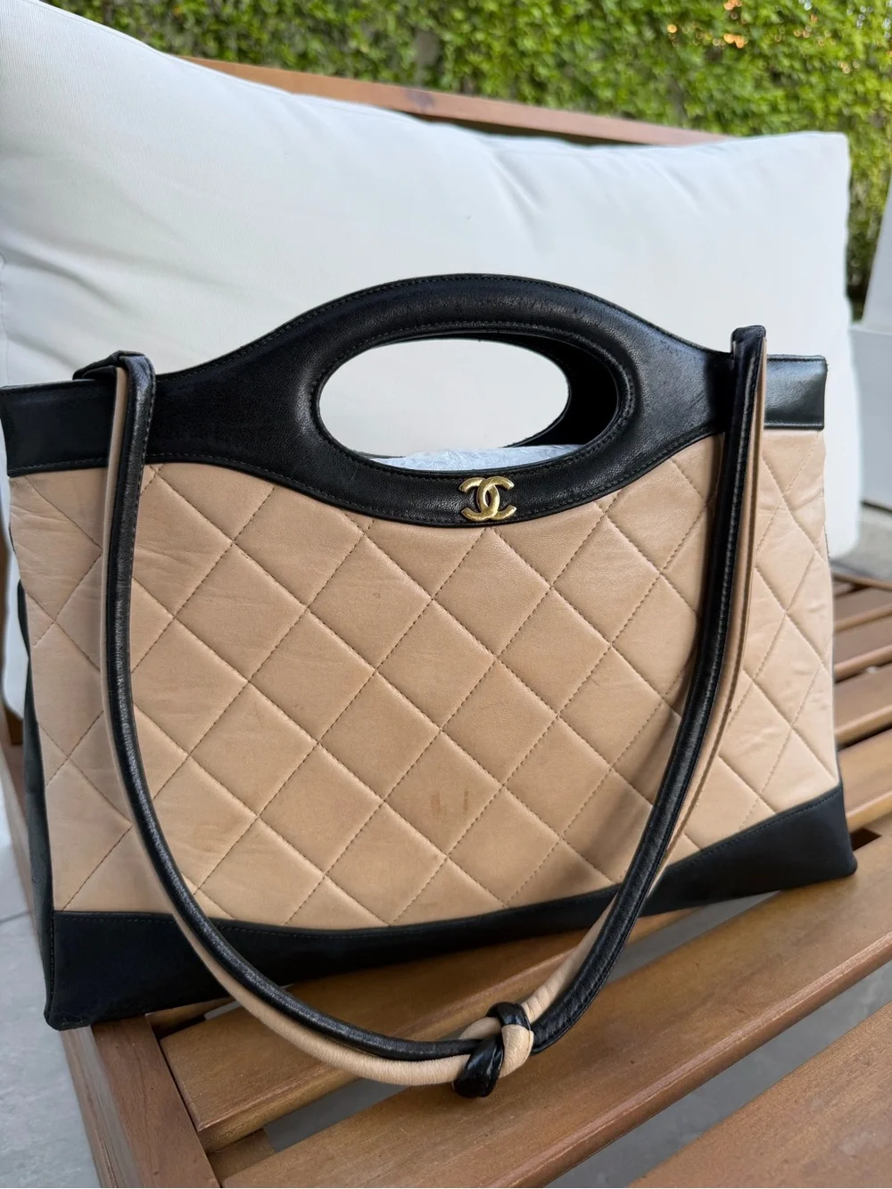 Vintage CHANEL Quilted Leather Tote Beige Black Gold CC Y2K